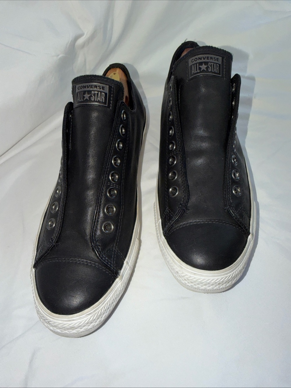 Converse Black Leather Slip-On Low Top Sneakers with White Sole - Picture 3 of 12